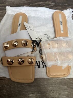 Zara Tan Slide Sandals with Gold Studs